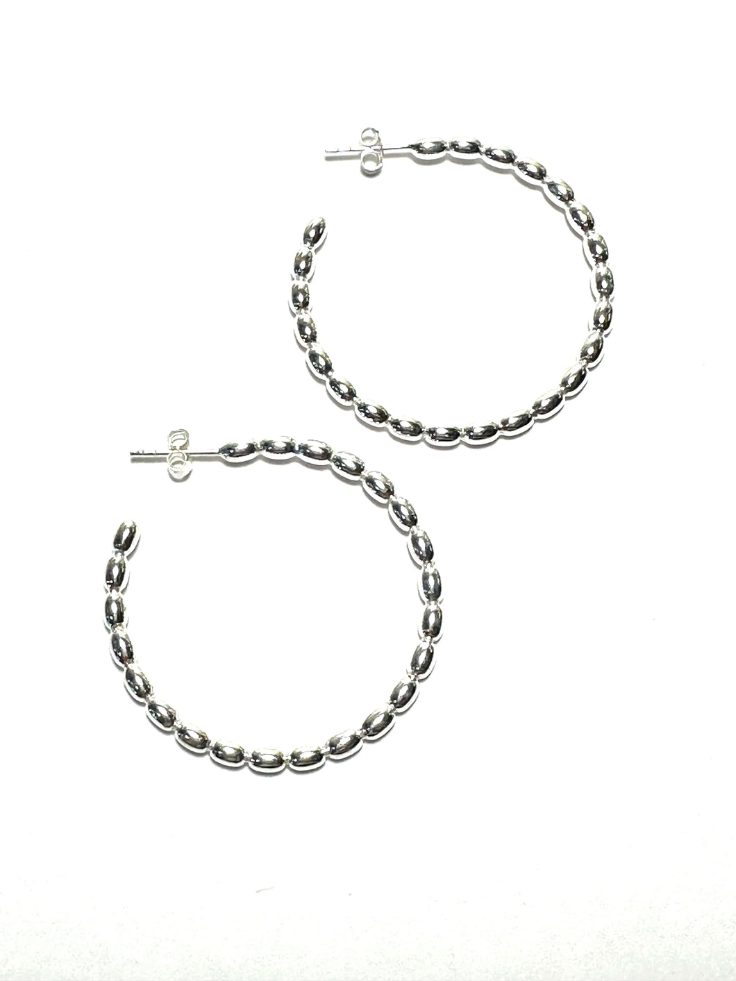 Sterling Large Rice Bead Hoop Earrings