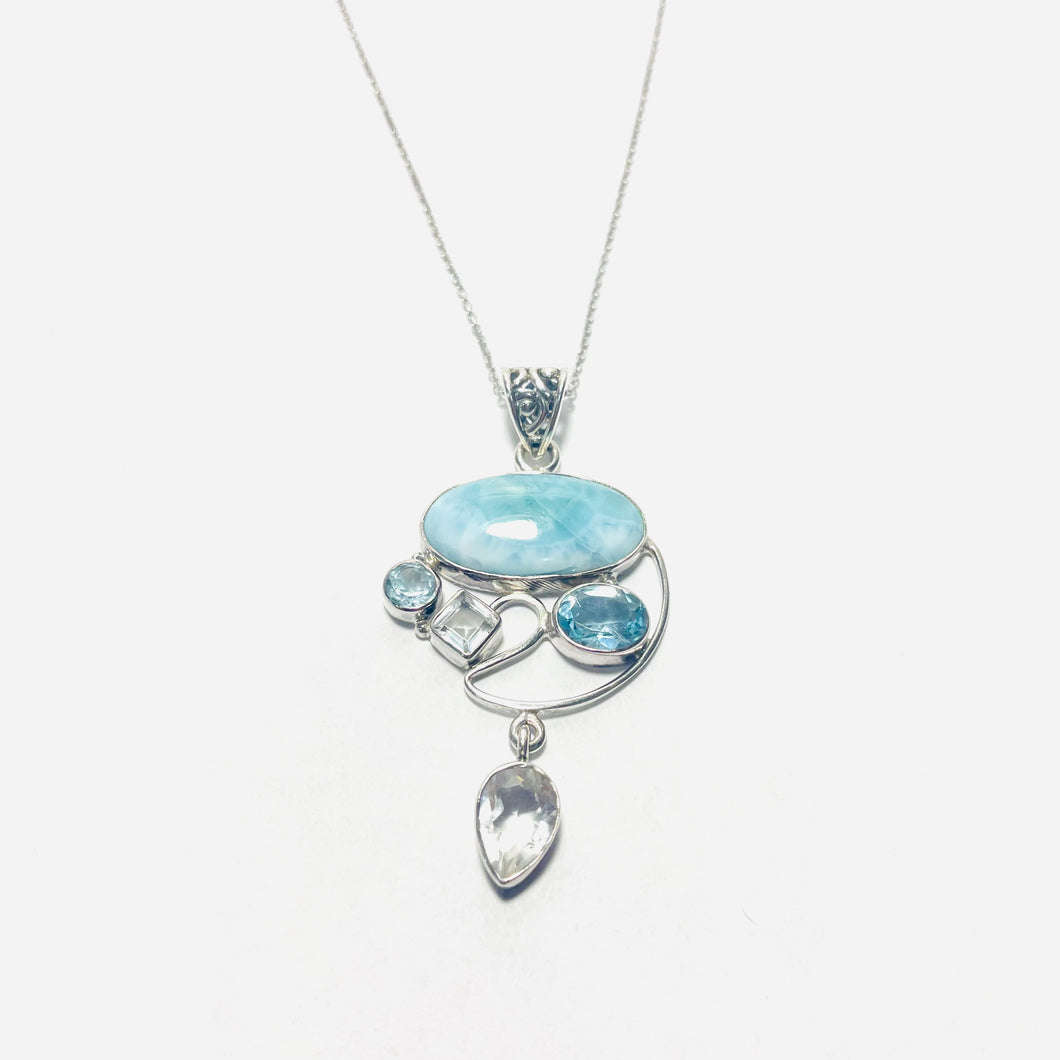 Sterling Larimar, Blue topaz, Aqua and White Topaz Necklace