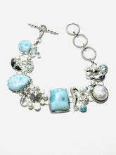 Load image into Gallery viewer, Sterling Larimar, Blue Topaz and Pearl Nautical Bracelet
