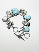 Load image into Gallery viewer, Sterling Larimar, Blue Topaz and Pearl Nautical Bracelet
